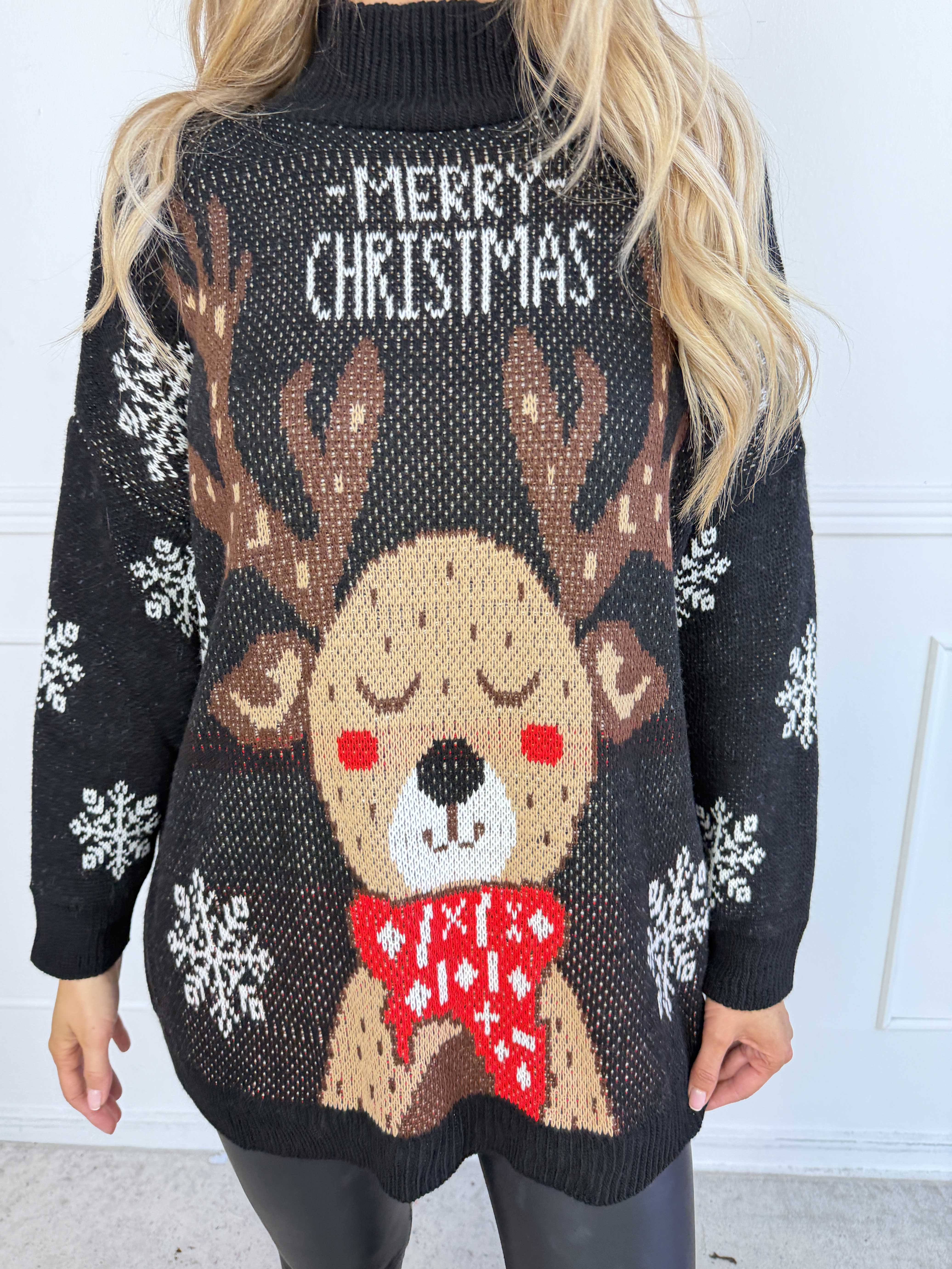 Hollybell - Härligt varm stickad jultröja i plus size med Rudolf och snöflingemotiv